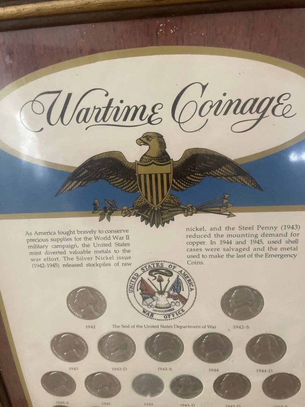 Perfect for a Coin Enthusiast!! Wartime Coinage in Wooden 8x10 Frame. A17